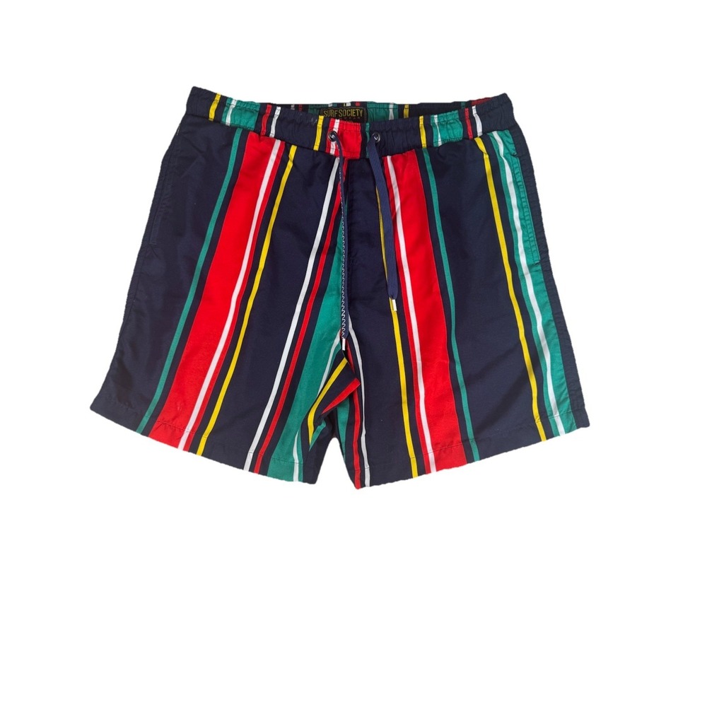 NWT Surf Society Swim Trunks Large Lined Striped Preppy Inseam 7" Red Green Blue
